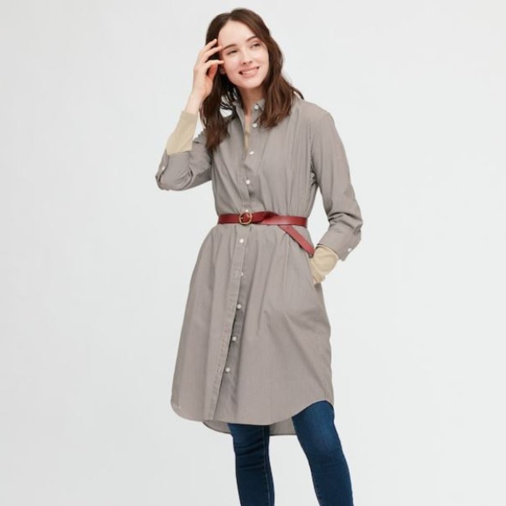 Uniqlo Women Cotton 3/4 Sleeve Shirt Dress Brown